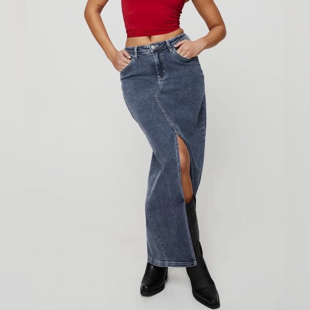 Princess Polly Blue Denim Maxi Skirt with Front Slit - Size US 0